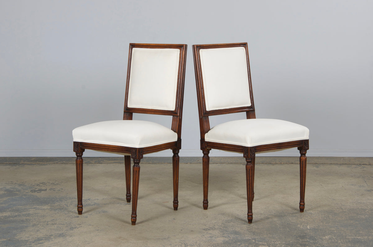 Antique French Louis XVI Style Maple Square Back Side Chairs in Off-White Velvet - A Pair
