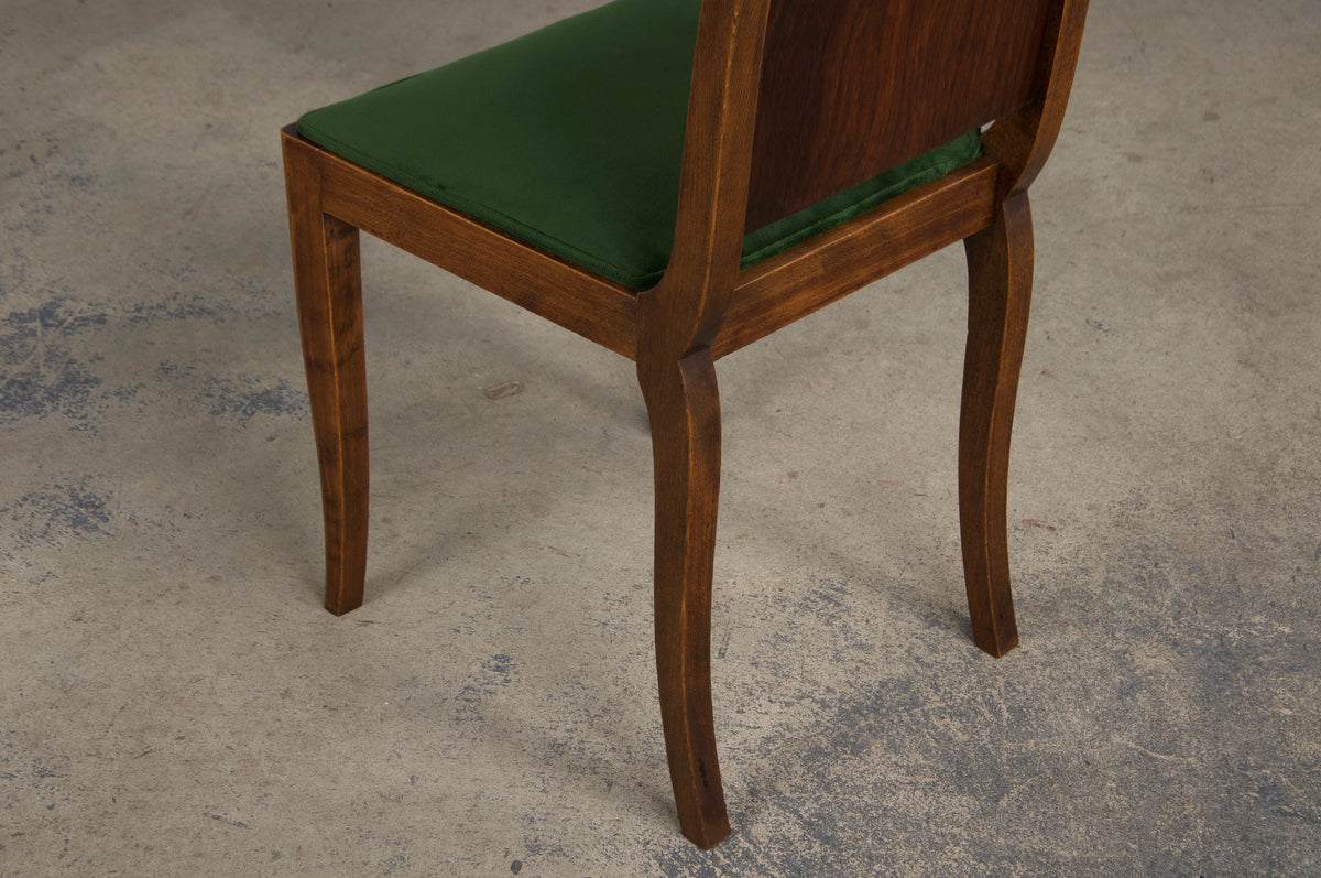 1930s French Jules Leleu Art Deco Rosewood Dining Chairs W/ Green Velvet - Set of 6