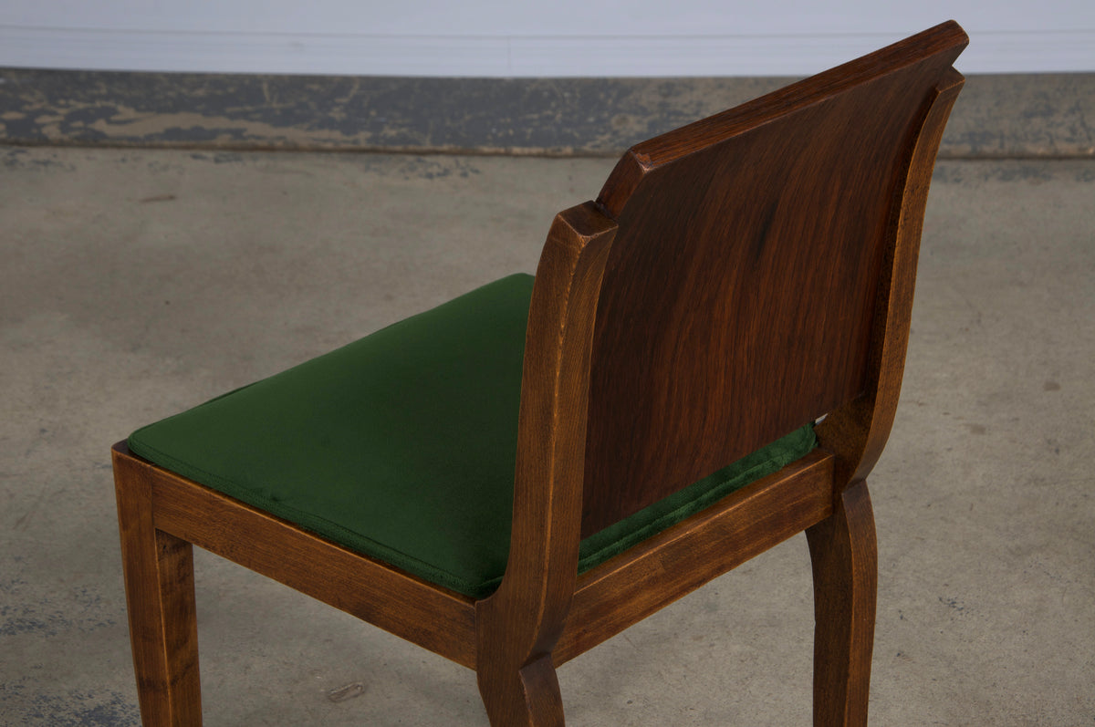 1930s French Jules Leleu Art Deco Rosewood Dining Chairs W/ Green Velvet - Set of 6