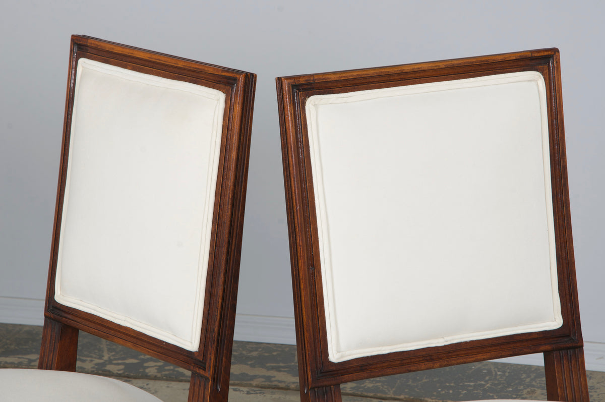 Antique French Louis XVI Style Maple Square Back Side Chairs in Off-White Velvet - A Pair