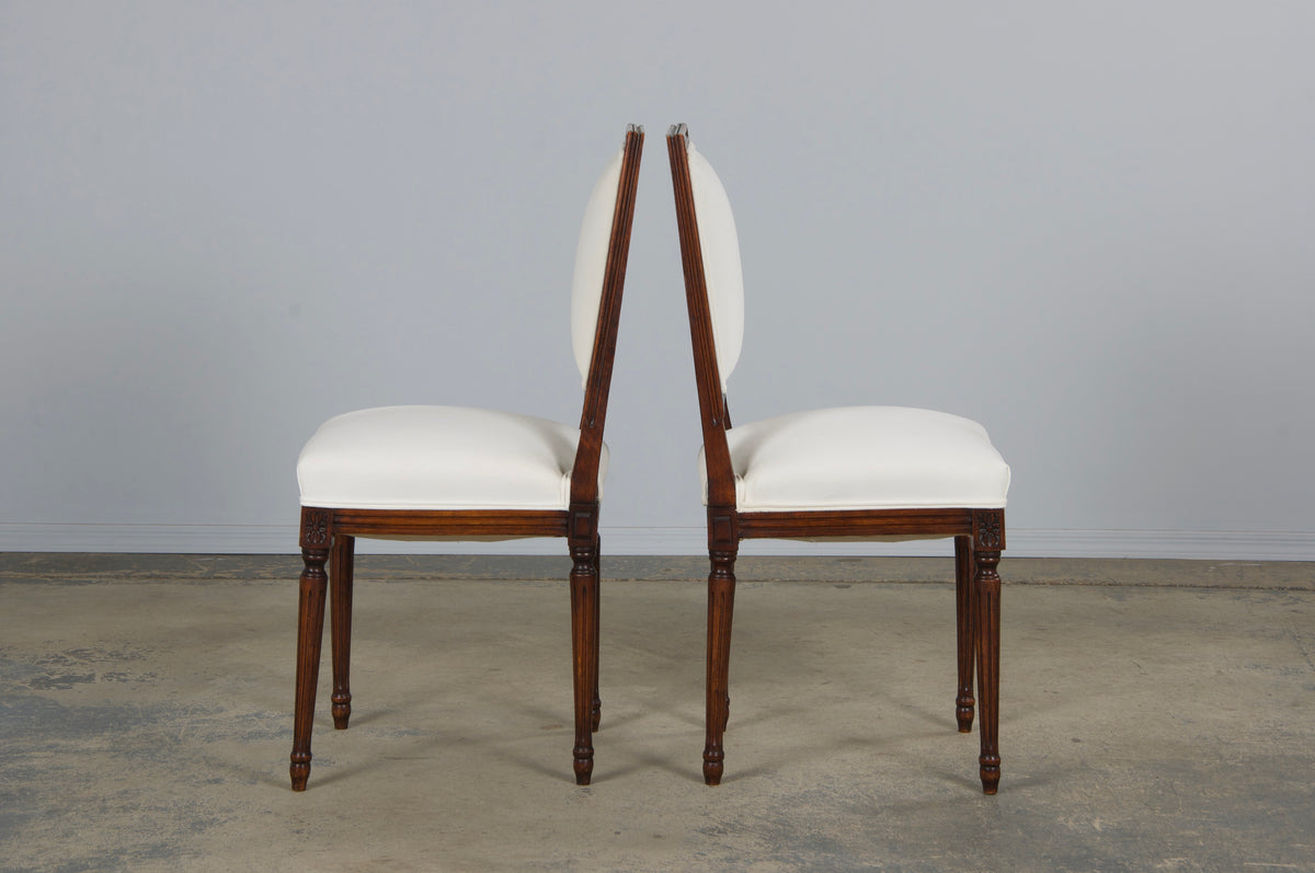 Antique French Louis XVI Style Maple Square Back Side Chairs in Off-White Velvet - A Pair