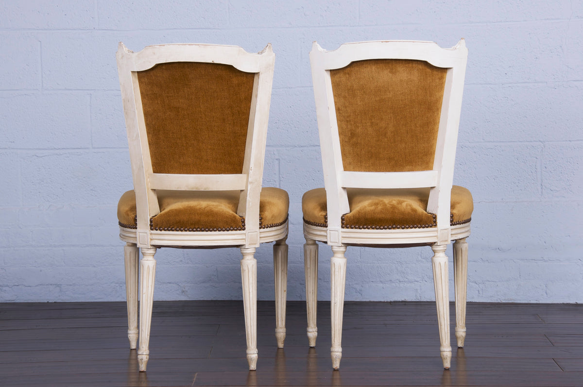 Antique French Louis XVI Style Painted Dining Chairs W/ Golden Yellow Fabric - Set of 6