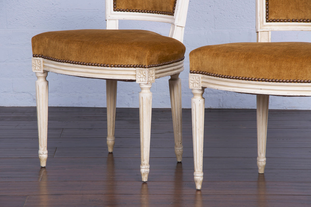 Antique French Louis XVI Style Painted Dining Chairs W/ Golden Yellow Fabric - Set of 6