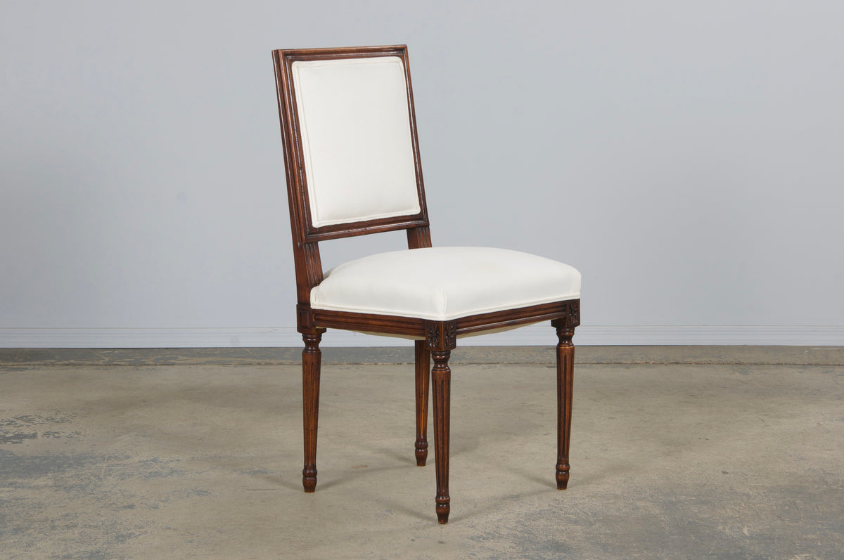Antique French Louis XVI Style Maple Square Back Side Chairs in Off-White Velvet - A Pair