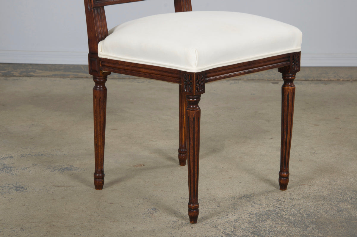 Antique French Louis XVI Style Maple Square Back Side Chairs in Off-White Velvet - A Pair