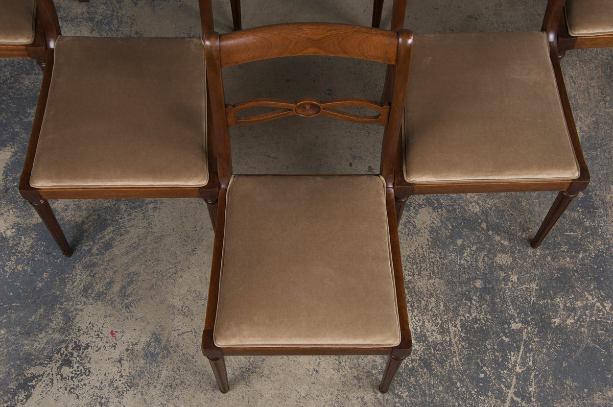 Antique French Neoclassical Louis XVI Style Walnut Dining Chairs W/ Beige Velvet - Set of 8