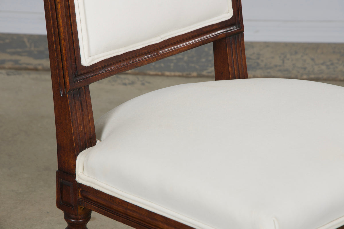 Antique French Louis XVI Style Maple Square Back Side Chairs in Off-White Velvet - A Pair