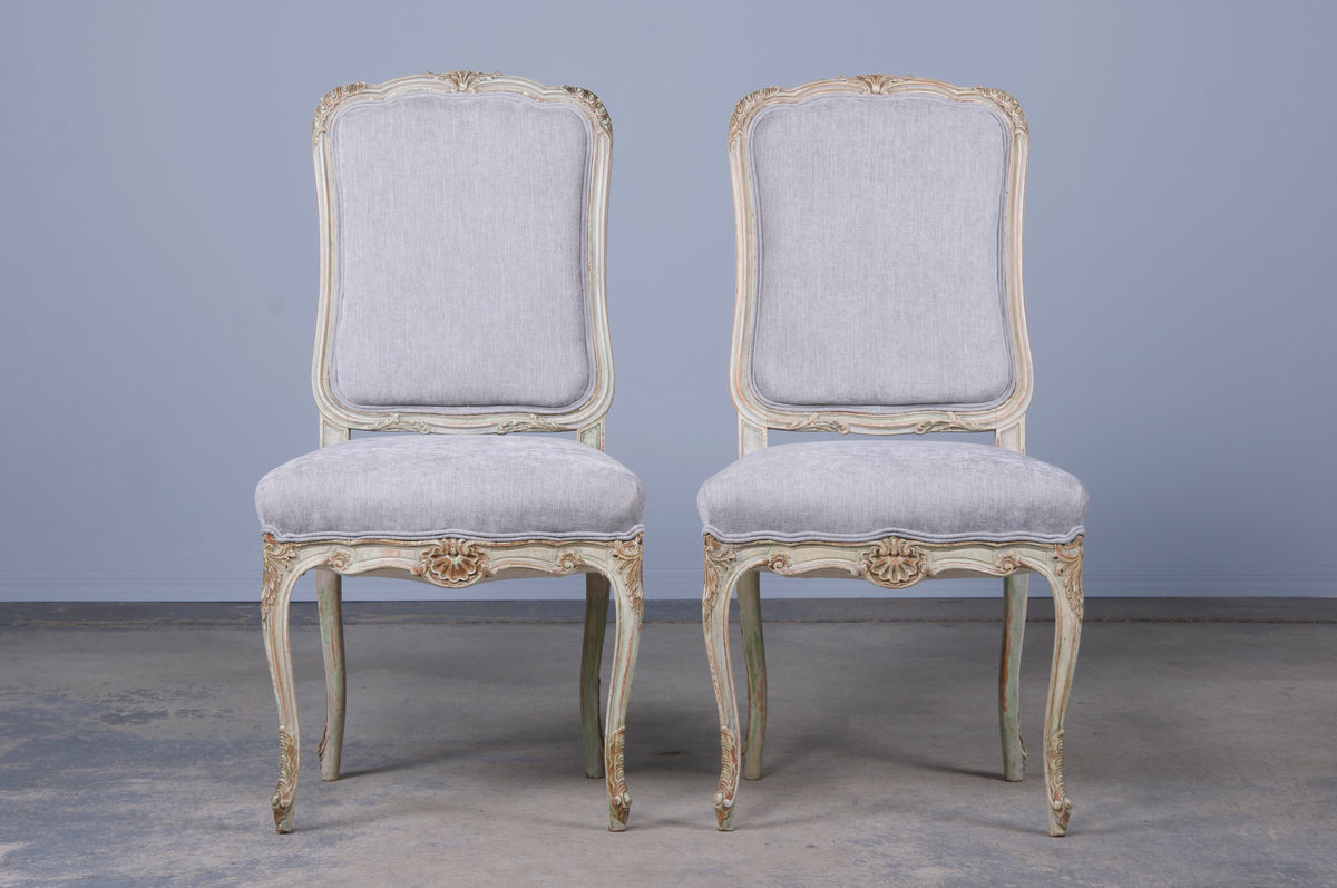 French Louis XV Style Provincial Painted Dining Chairs W/ Gray Chenille - Set of 10
