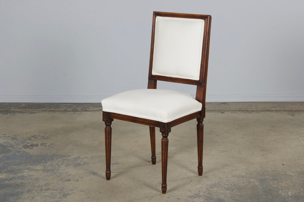 Antique French Louis XVI Style Maple Square Back Side Chairs in Off-White Velvet - A Pair