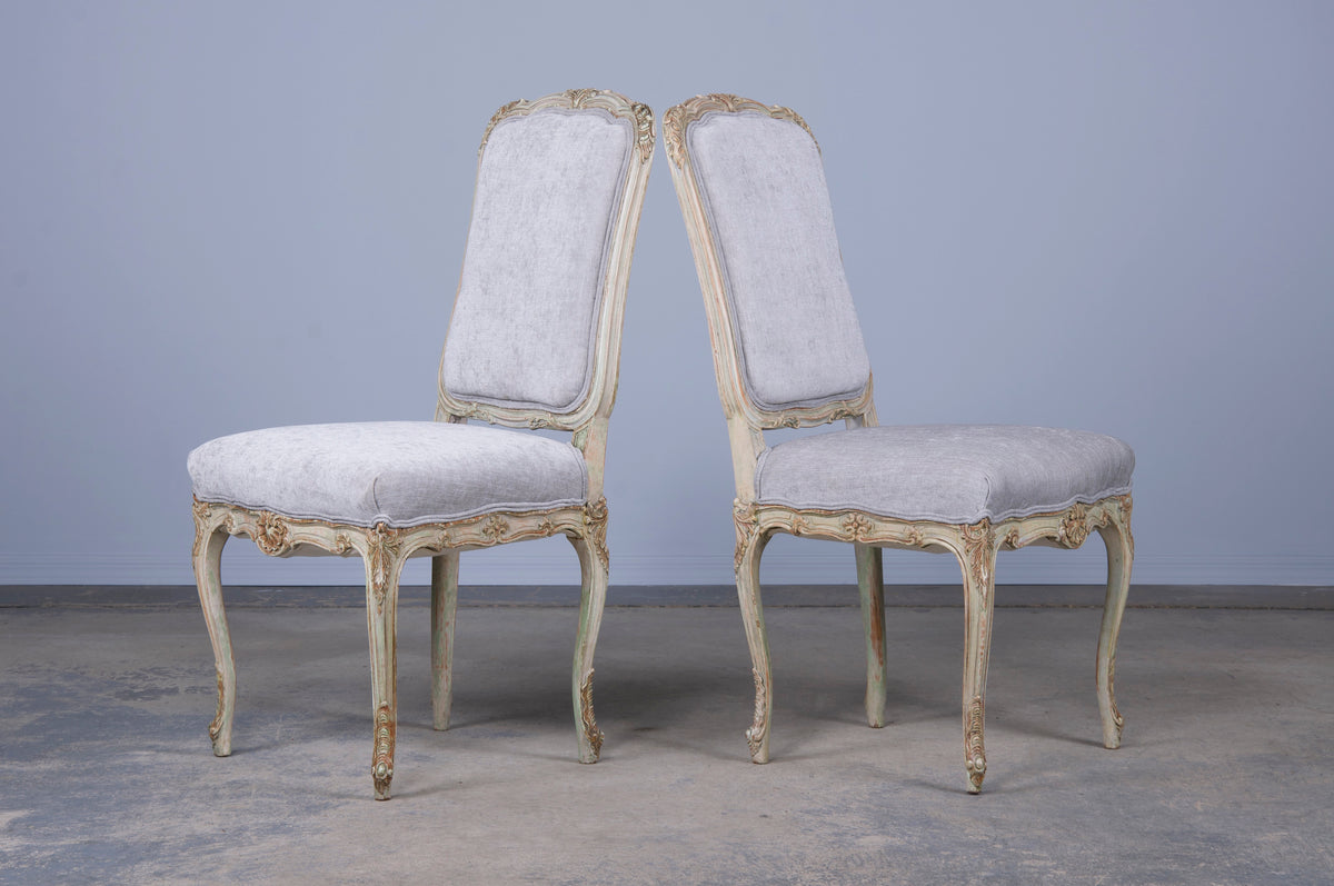 French Louis XV Style Provincial Painted Dining Chairs W/ Gray Chenille - Set of 10