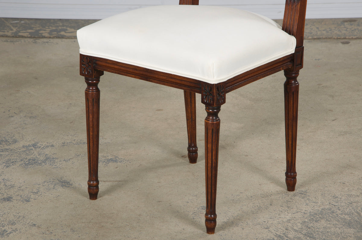 Antique French Louis XVI Style Maple Square Back Side Chairs in Off-White Velvet - A Pair
