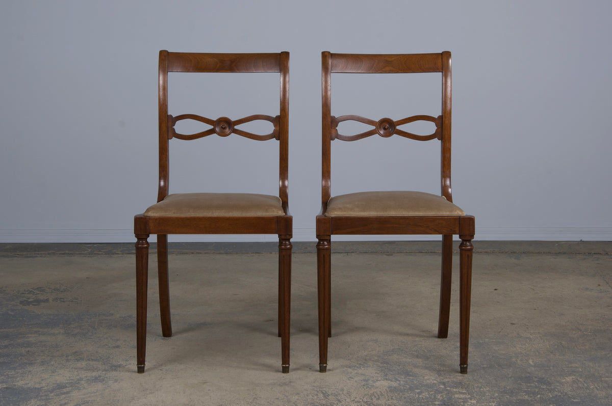 Antique French Neoclassical Louis XVI Style Walnut Dining Chairs W/ Beige Velvet - Set of 8