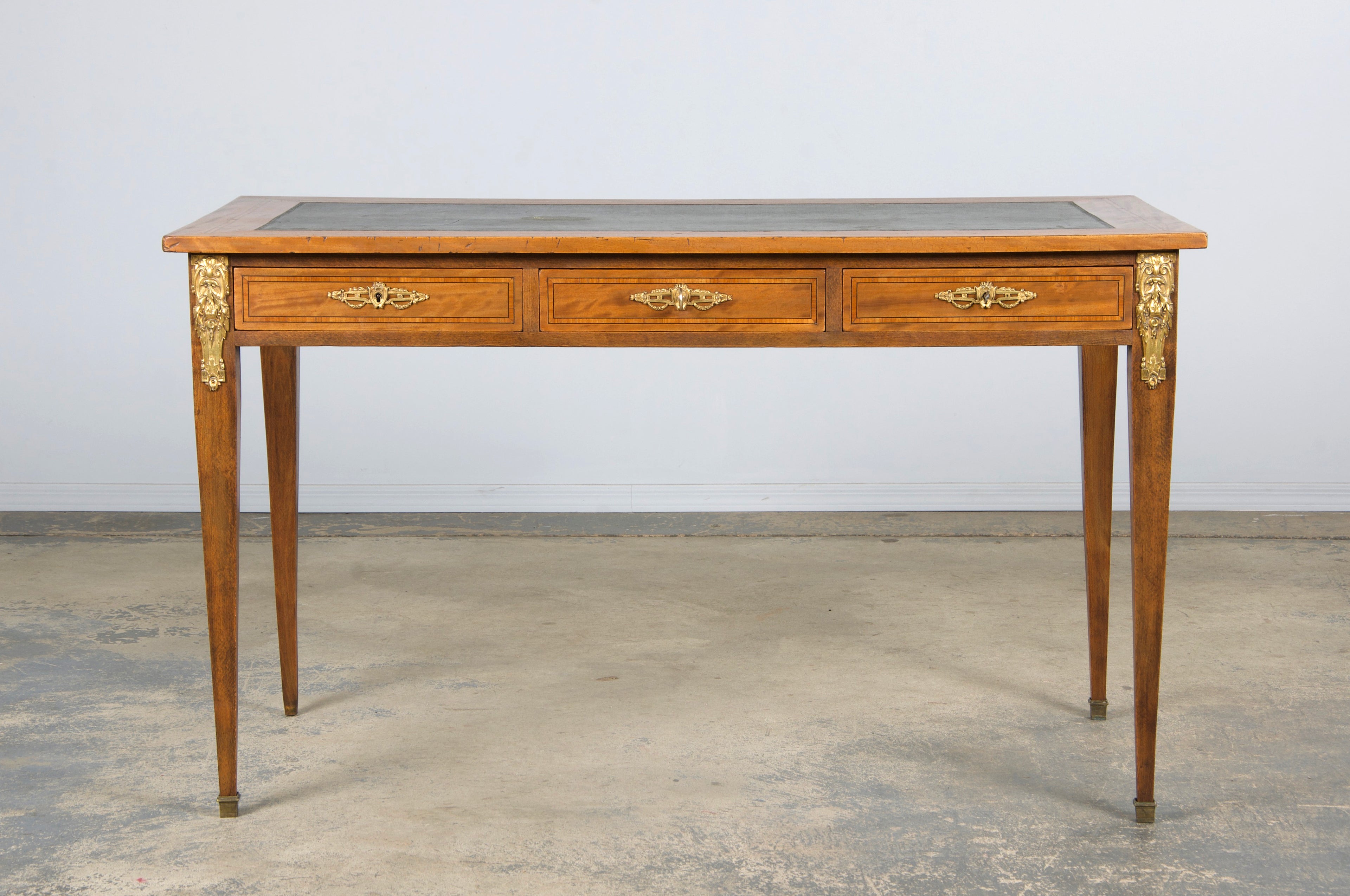 19th Century French Louis XVI Style Satinwood Writing Desk W/ Green Vinyl