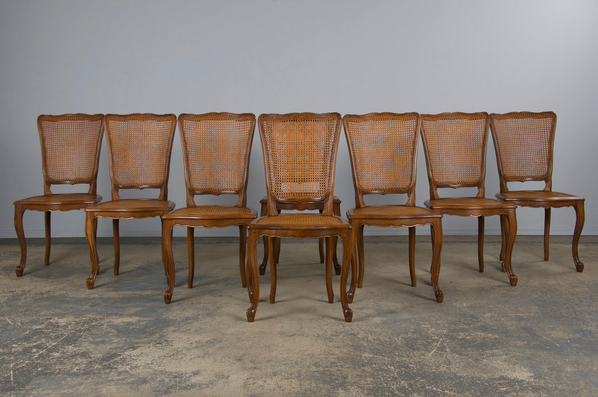 Antique French Louis XV Style Provincial Maple Cane Dining Chairs - Set of 8