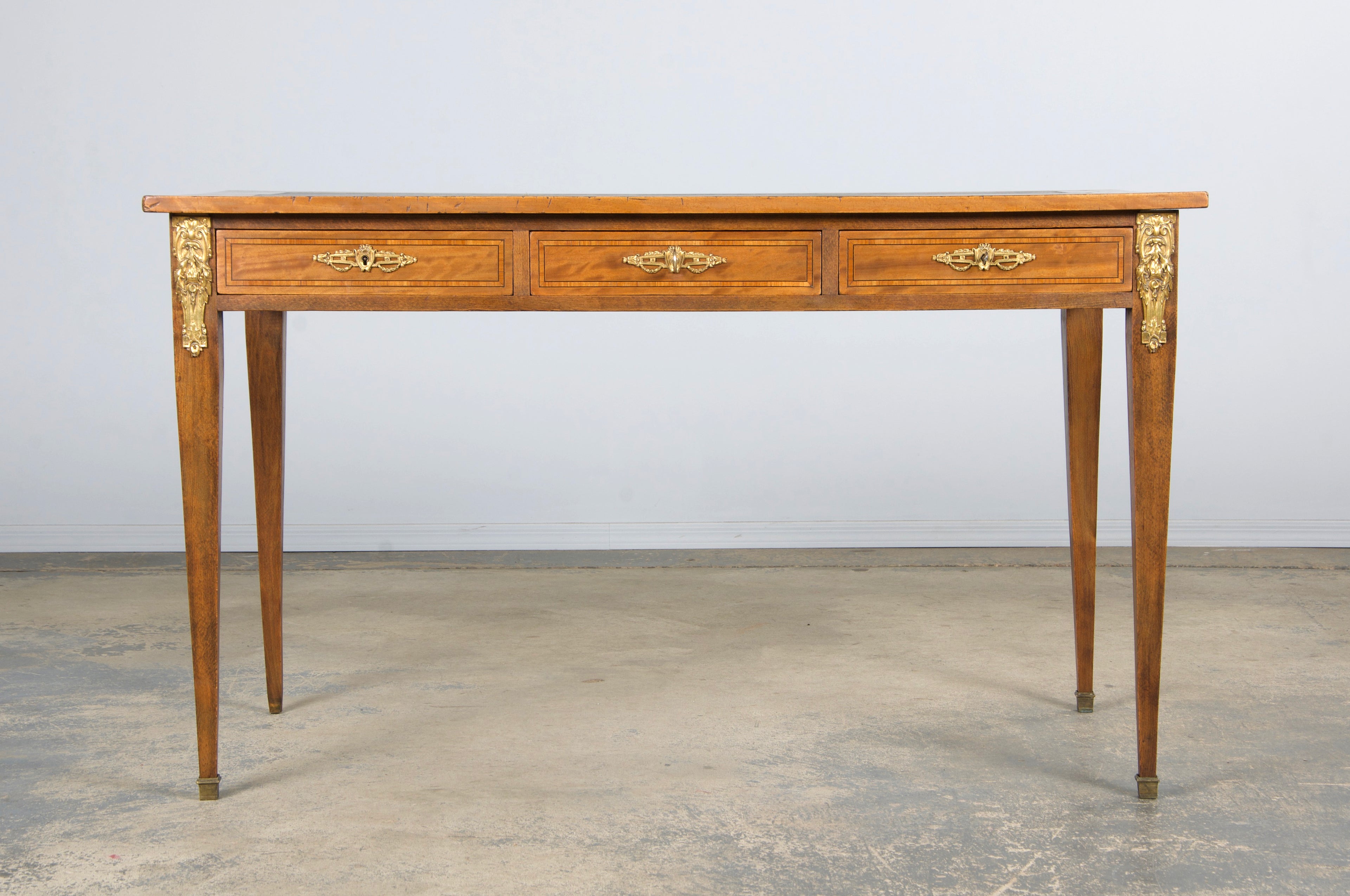 19th Century French Louis XVI Style Satinwood Writing Desk W/ Green Vinyl