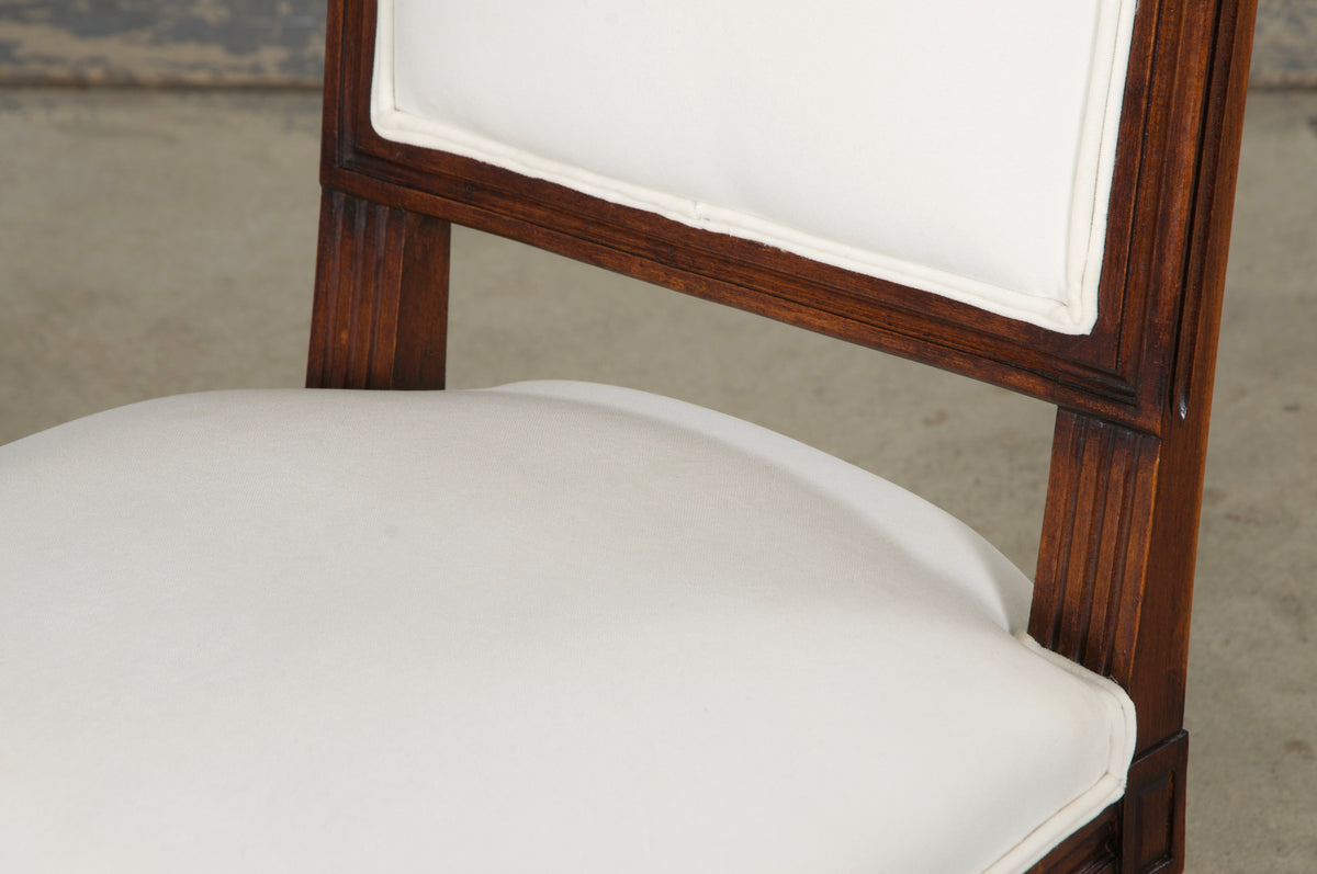 Antique French Louis XVI Style Maple Square Back Side Chairs in Off-White Velvet - A Pair