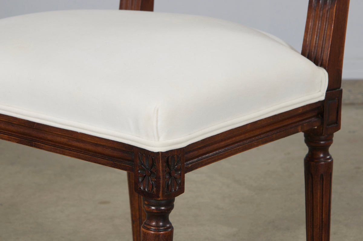 Antique French Louis XVI Style Maple Square Back Side Chairs in Off-White Velvet - A Pair