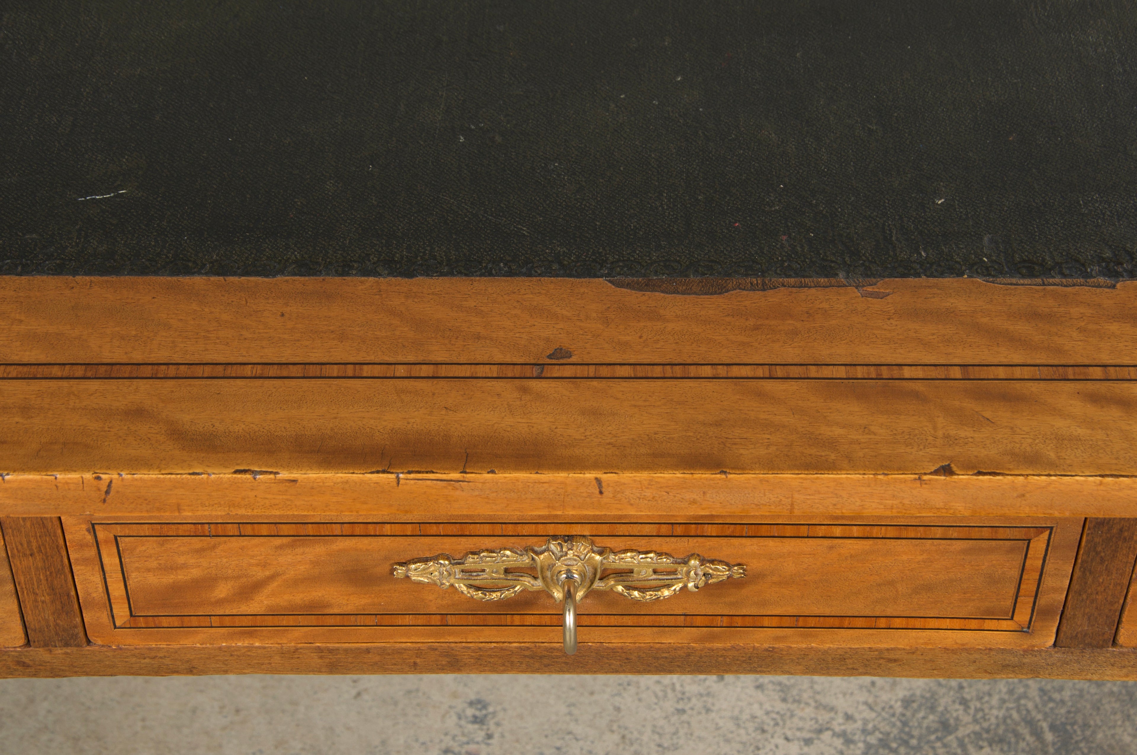 19th Century French Louis XVI Style Satinwood Writing Desk W/ Green Vinyl