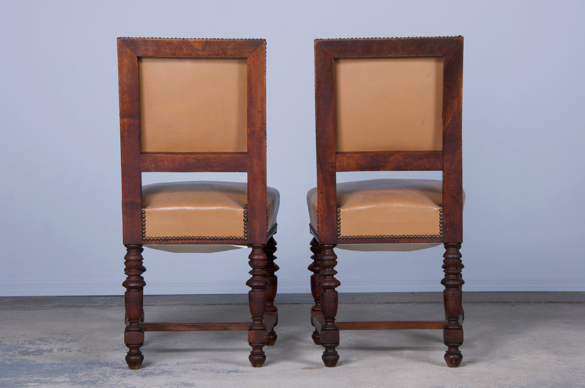 Antique French Napoleon III Style Walnut Dining Chairs W/ Beige Leather - Set of 6