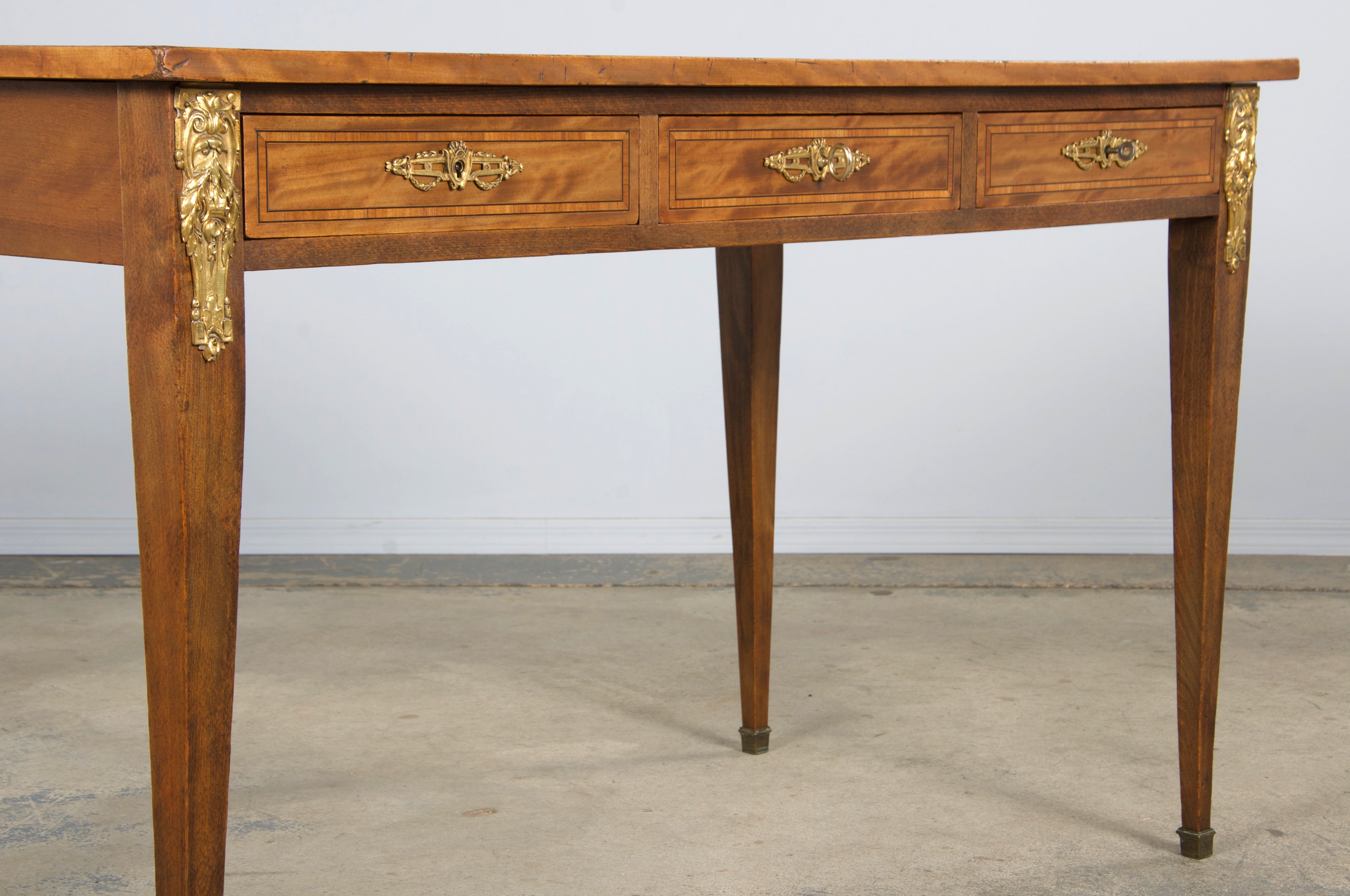 19th Century French Louis XVI Style Satinwood Writing Desk W/ Green Vinyl