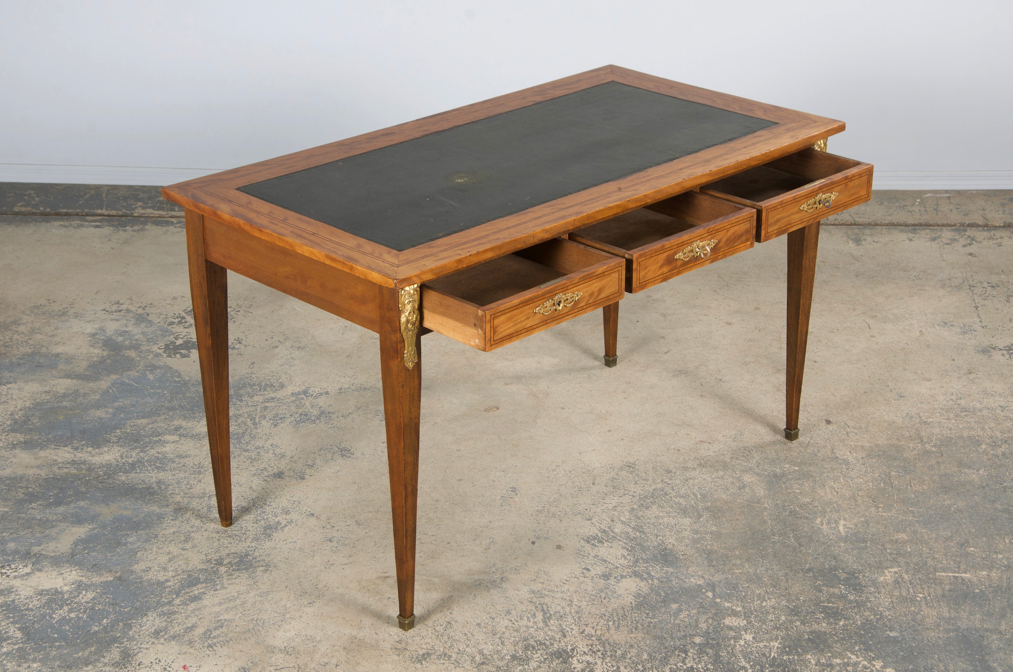 19th Century French Louis XVI Style Satinwood Writing Desk W/ Green Vinyl