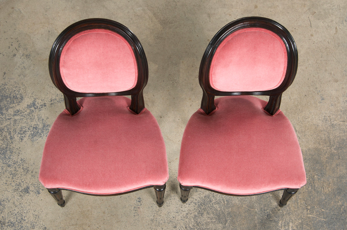 Antique French Louis XVI Style Maple Side Chairs in Pink Velvet - A Pair