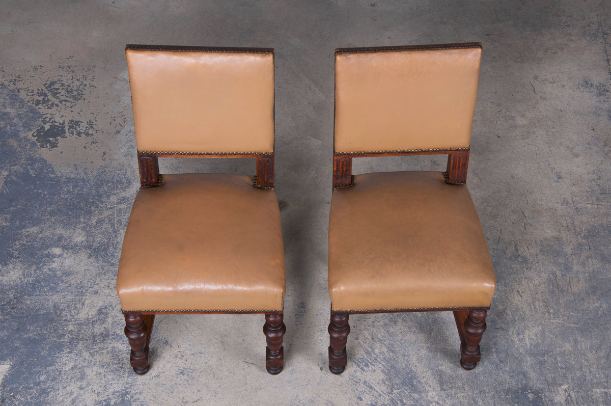 Antique French Napoleon III Style Walnut Dining Chairs W/ Beige Leather - Set of 6