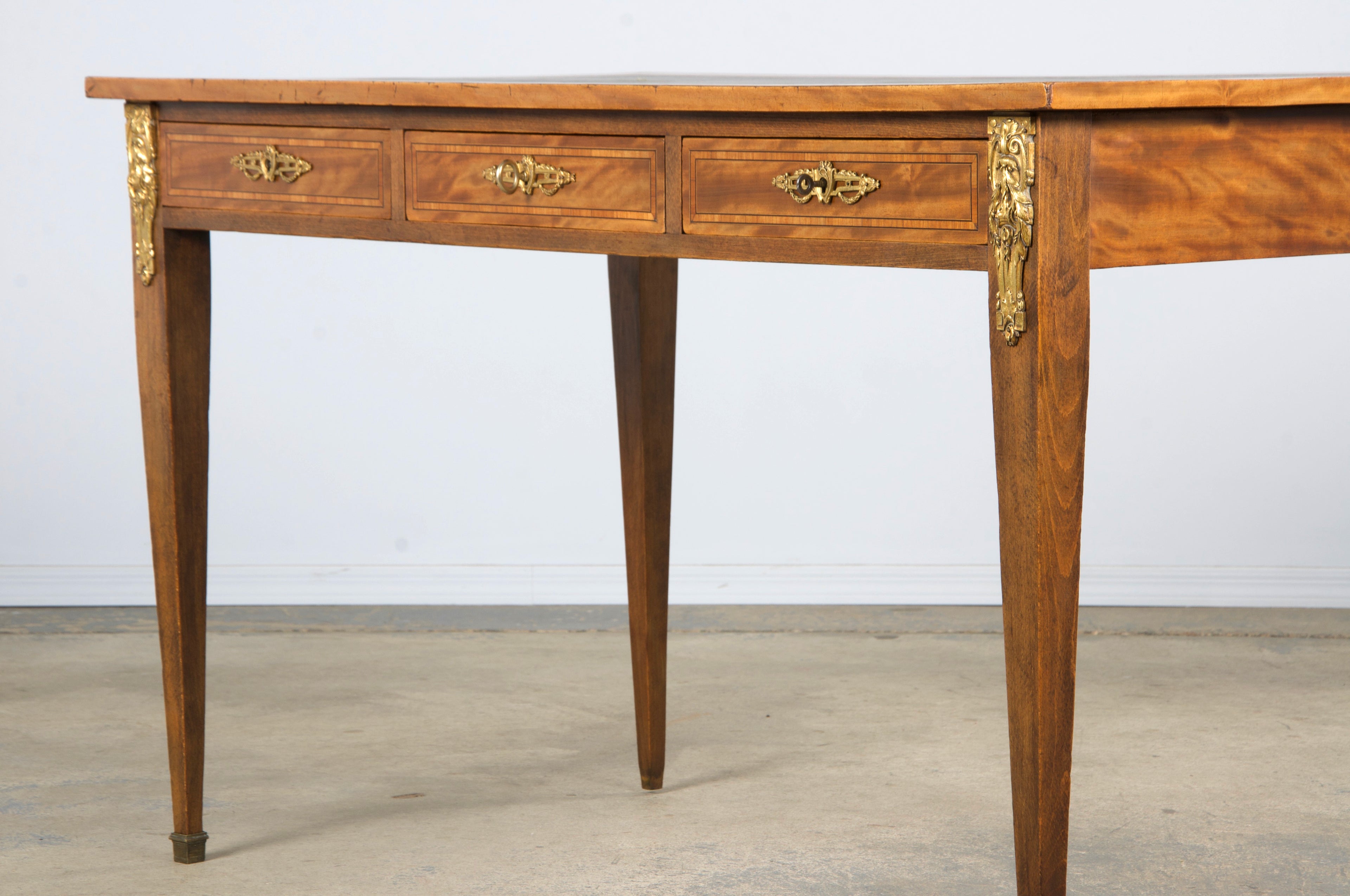19th Century French Louis XVI Style Satinwood Writing Desk W/ Green Vinyl