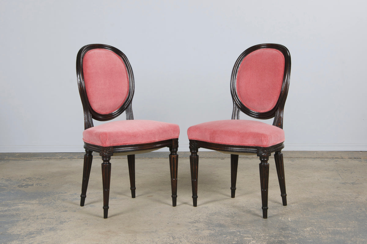 Antique French Louis XVI Style Maple Side Chairs in Pink Velvet - A Pair