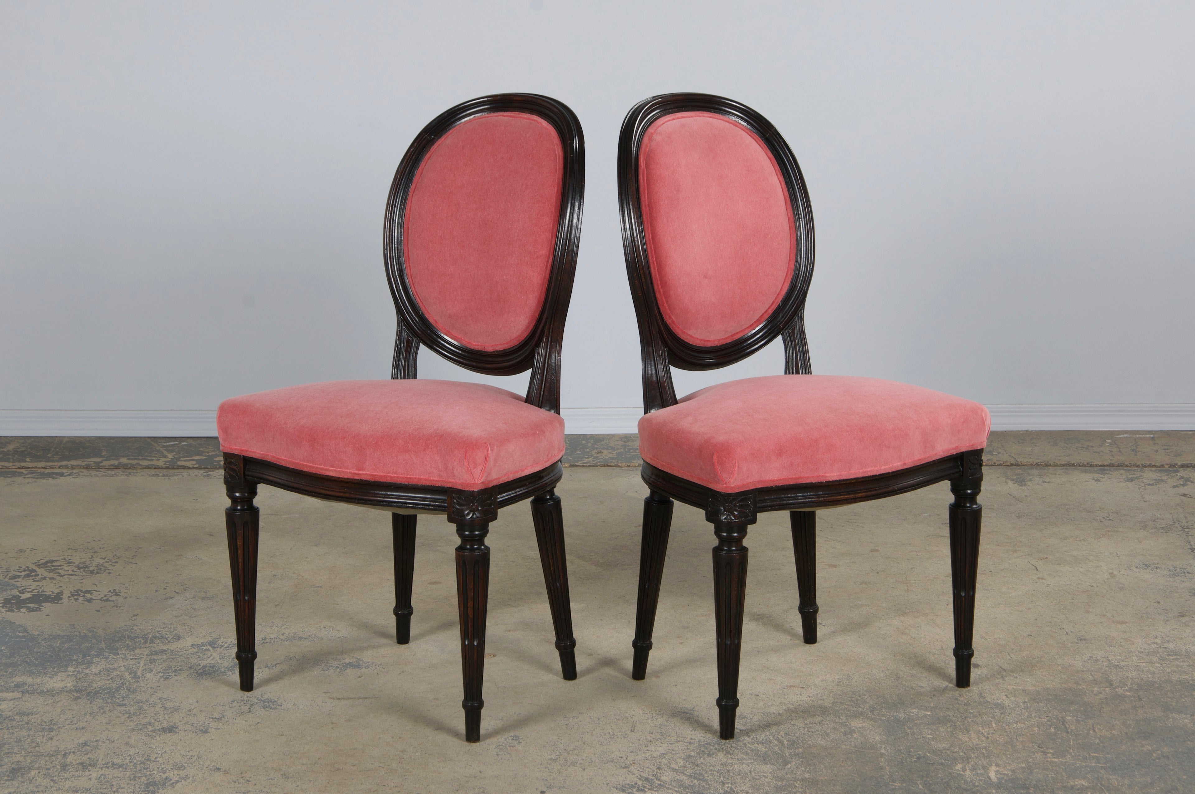 Antique French Louis XVI Style Maple Side Chairs in Pink Velvet - A Pair