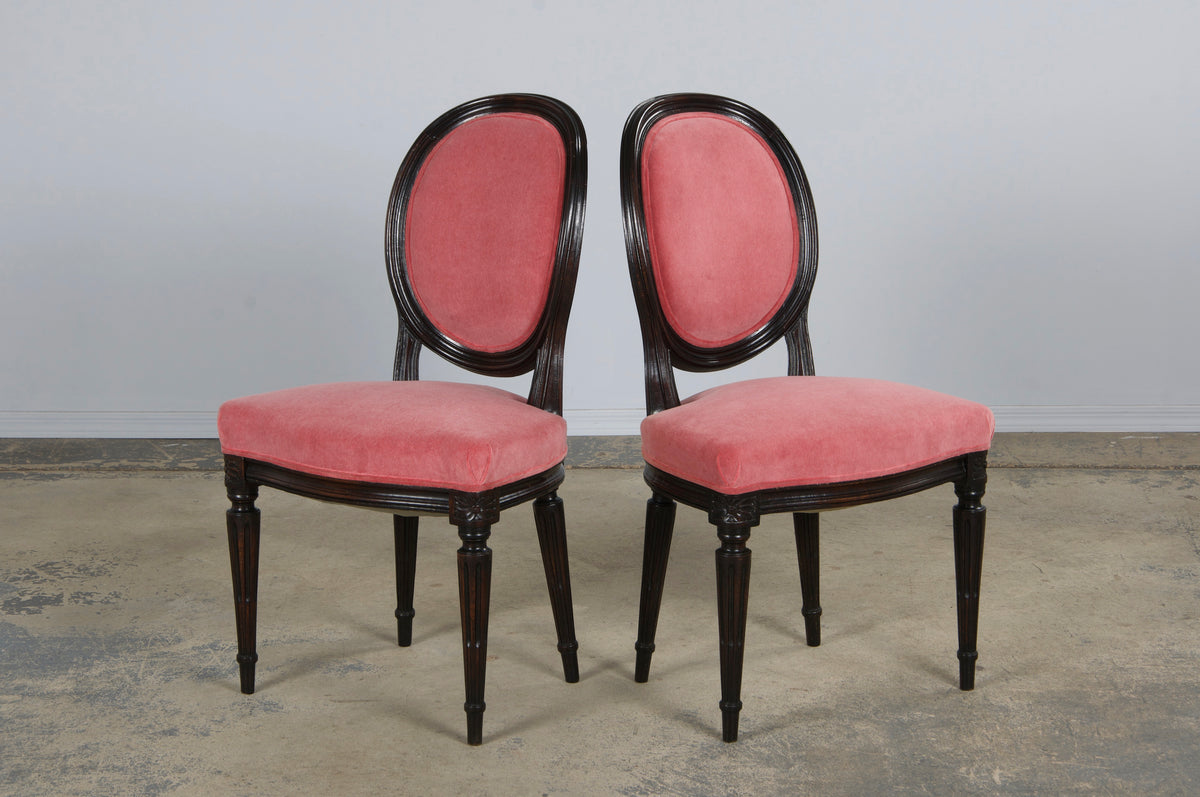 Antique French Louis XVI Style Maple Side Chairs in Pink Velvet - A Pair
