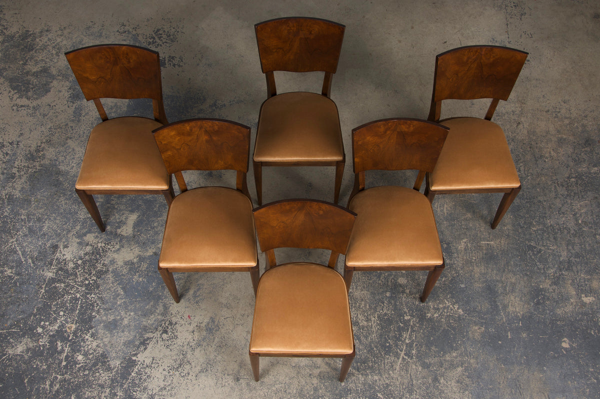 ON HOLD 1950s French Art Deco Maple Dining Chairs W/ Beige Velvet - Set of 6