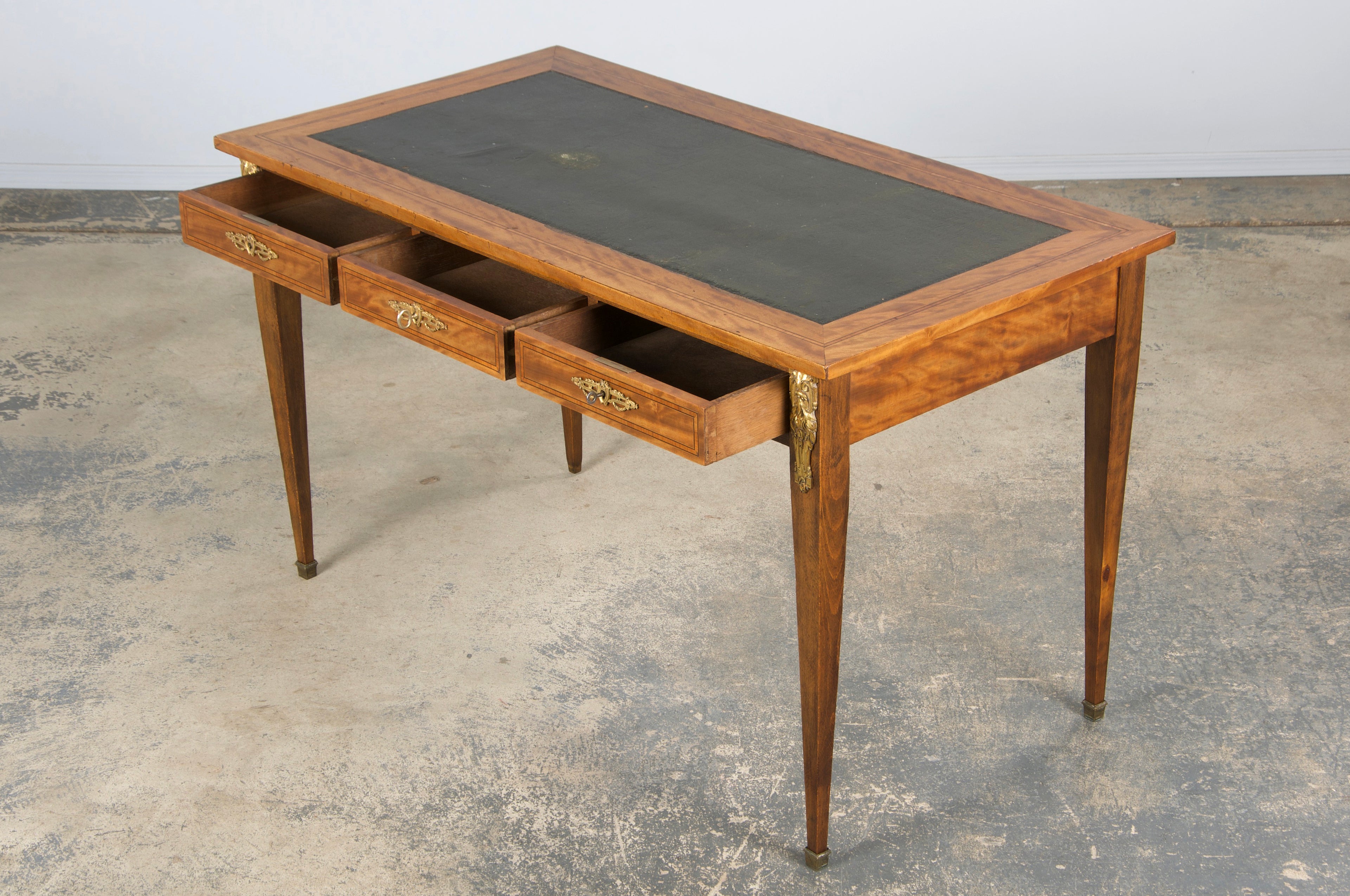 19th Century French Louis XVI Style Satinwood Writing Desk W/ Green Vinyl
