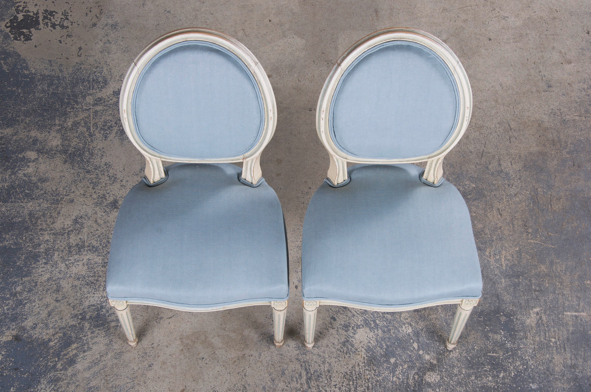 Antique French Louis XVI Style Painted Side Chairs W/ Light Blue Linen - A Pair