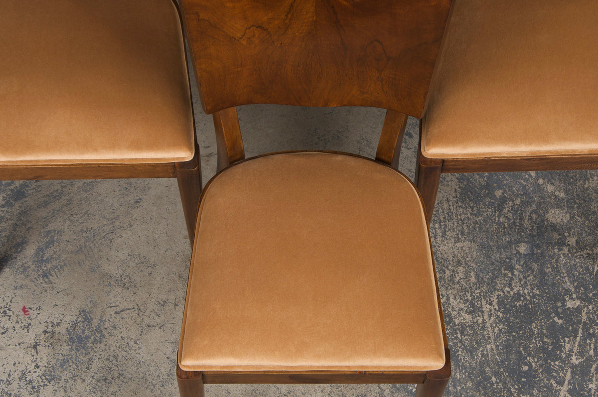 1950s French Art Deco Maple Dining Chairs W/ Beige Velvet - Set of 6