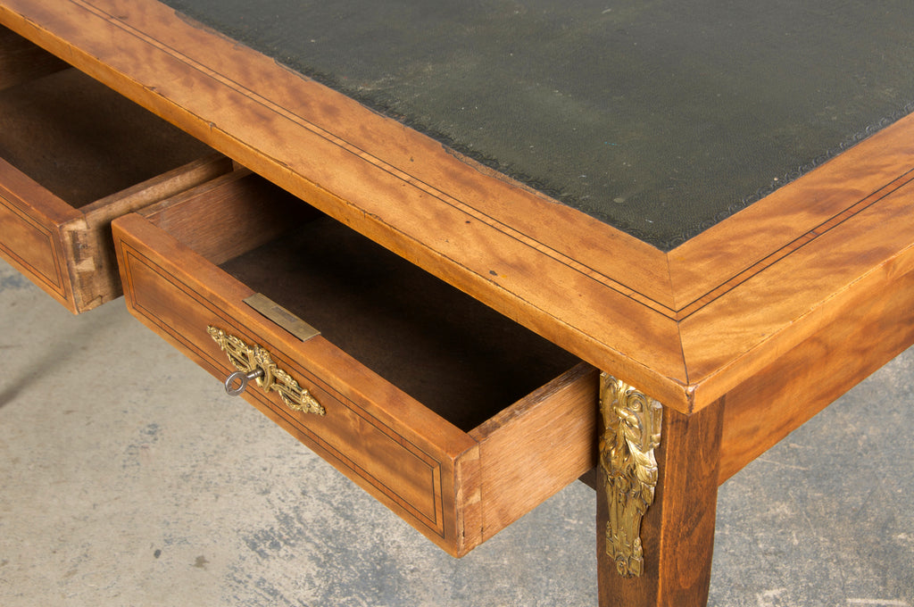 19th Century French Louis XVI Style Satinwood Writing Desk W/ Green Vinyl