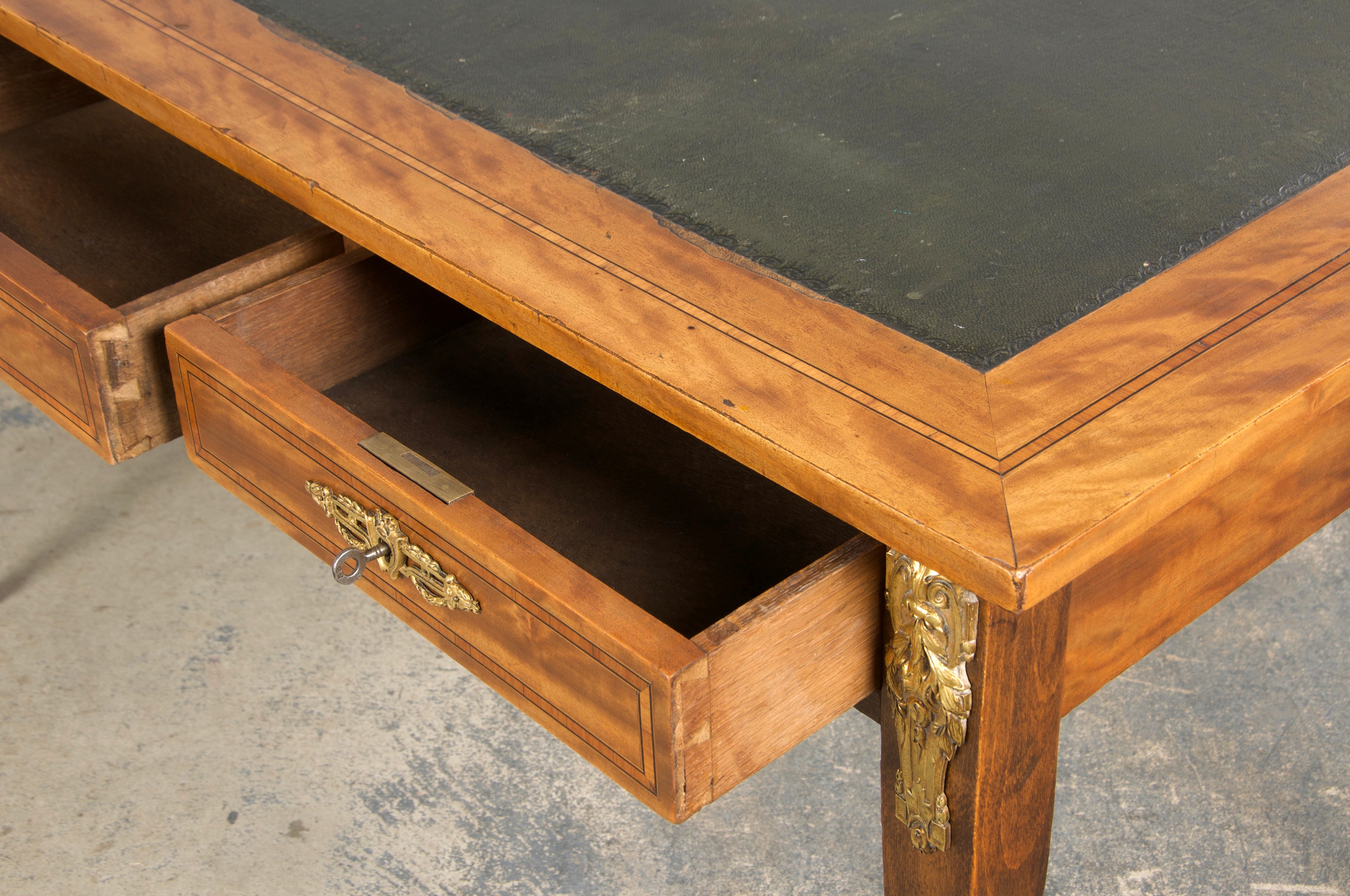 19th Century French Louis XVI Style Satinwood Writing Desk W/ Green Vinyl