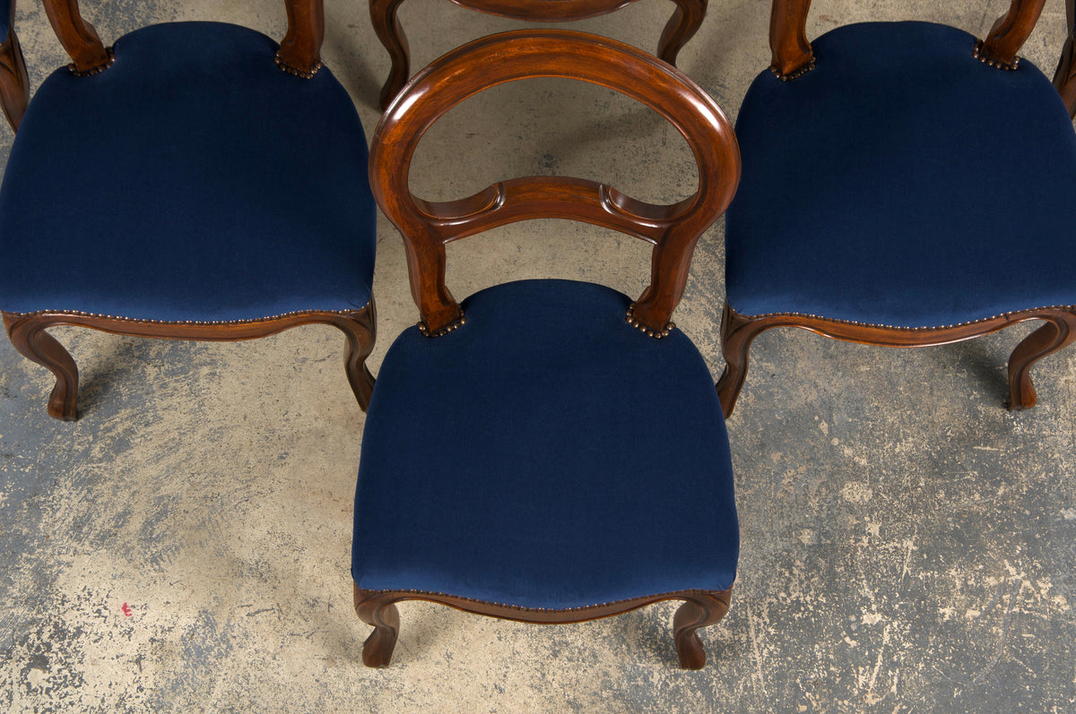 French Louis XV Style Ballon Back Maple Dining Chairs W/ Blue Velvet - Set of 6