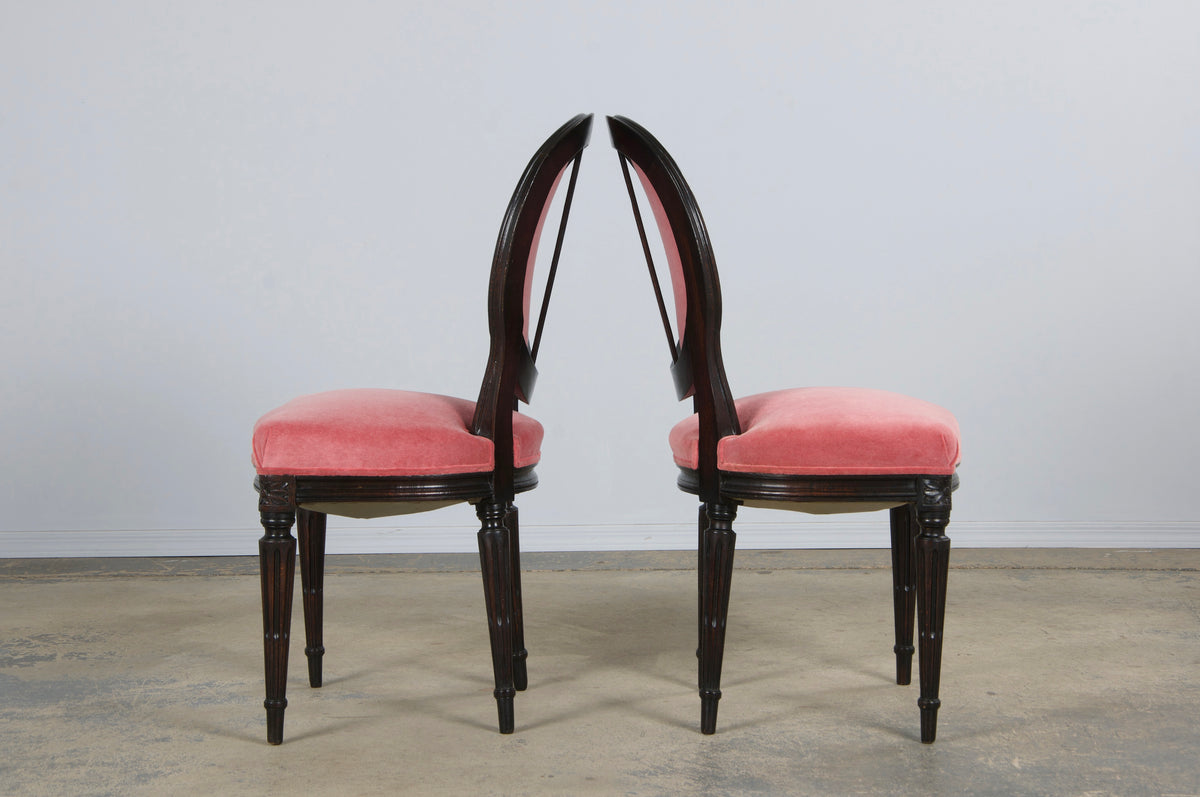 Antique French Louis XVI Style Maple Side Chairs in Pink Velvet - A Pair