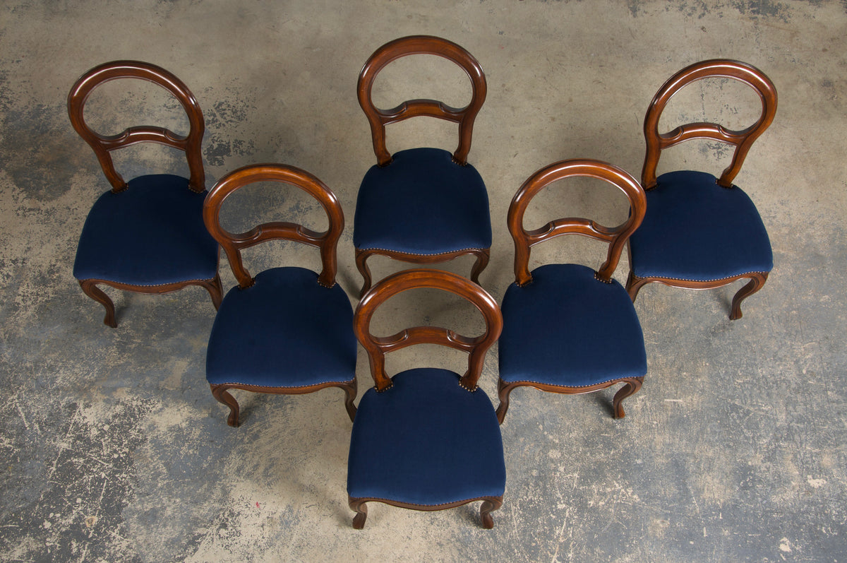 French Louis XV Style Ballon Back Maple Dining Chairs W/ Blue Velvet - Set of 6