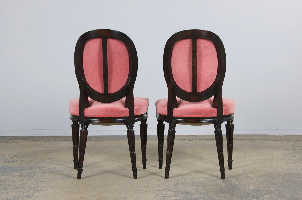 Antique French Louis XVI Style Maple Side Chairs in Pink Velvet - A Pair