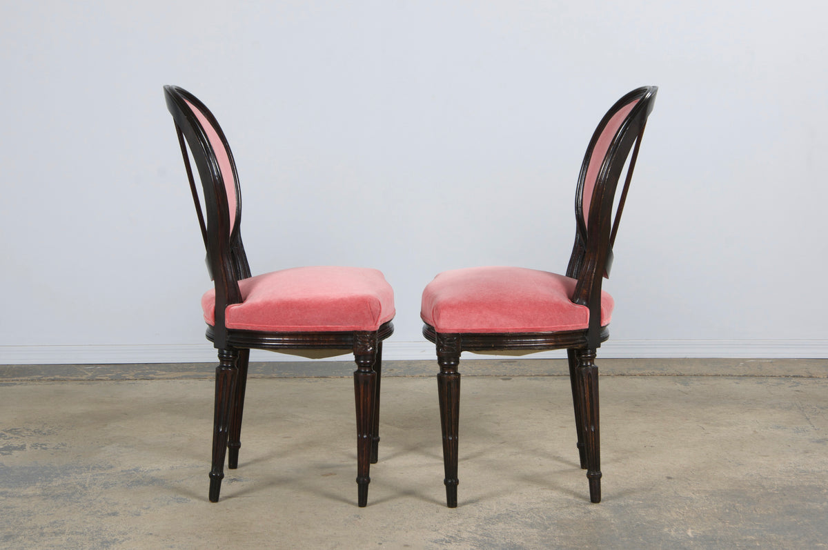 Antique French Louis XVI Style Maple Side Chairs in Pink Velvet - A Pair