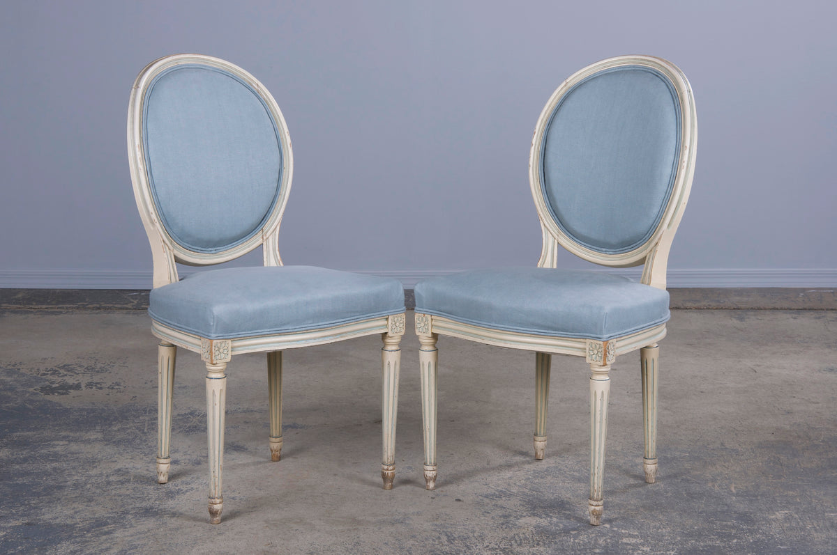 Antique French Louis XVI Style Painted Side Chairs W/ Light Blue Linen - A Pair