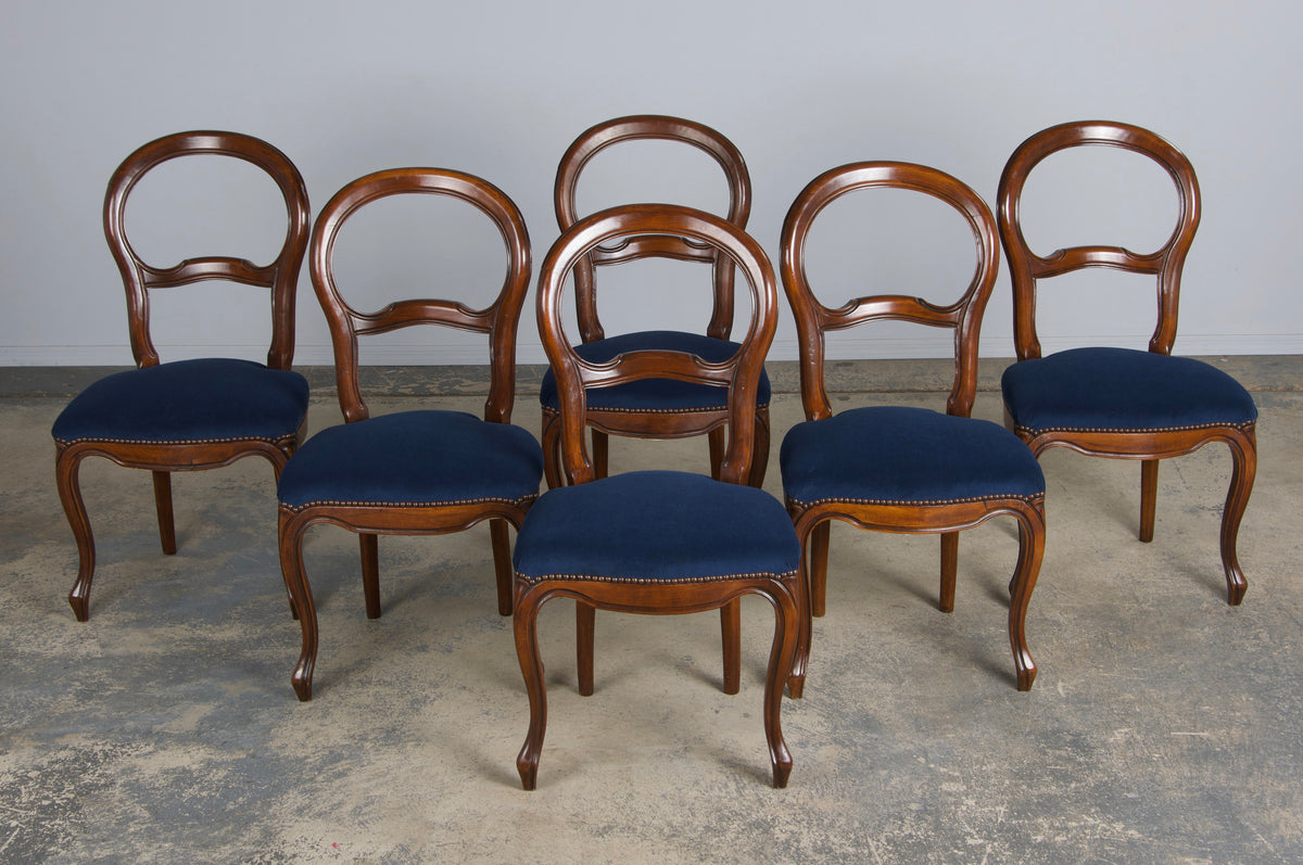 French Louis XV Style Ballon Back Maple Dining Chairs W/ Blue Velvet - Set of 6