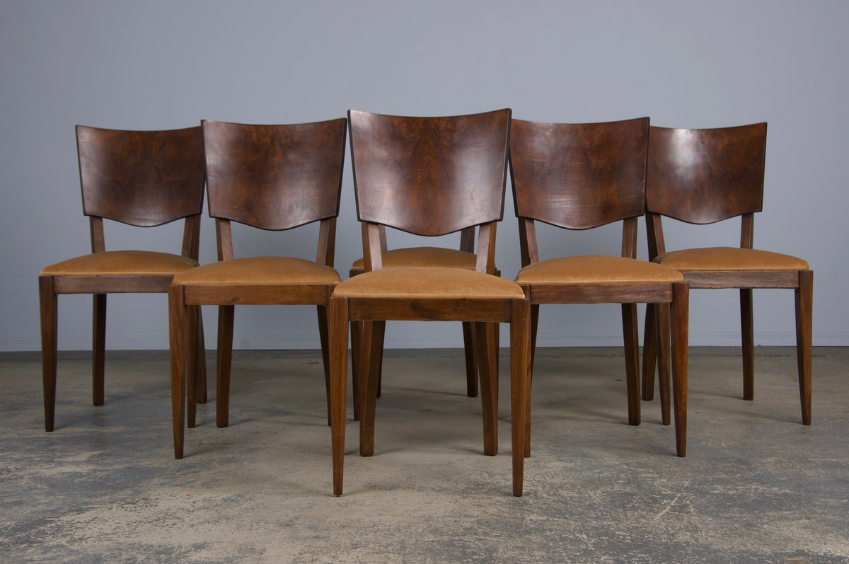 ON HOLD 1950s French Art Deco Maple Dining Chairs W/ Beige Velvet - Set of 6