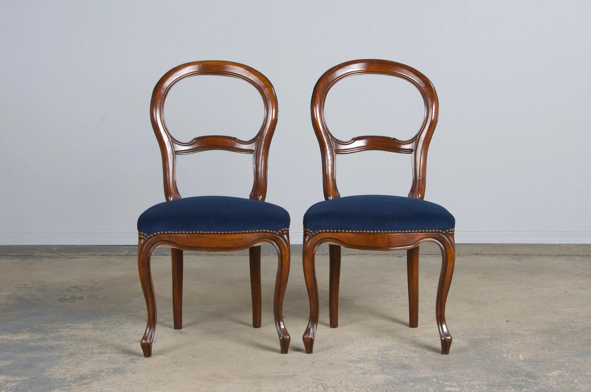 French Louis XV Style Ballon Back Maple Dining Chairs W/ Blue Velvet - Set of 6