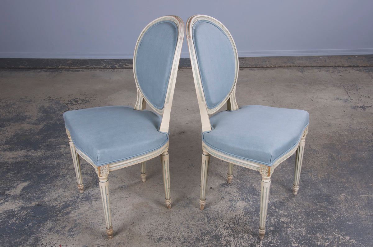 Antique French Louis XVI Style Painted Side Chairs W/ Light Blue Linen - A Pair