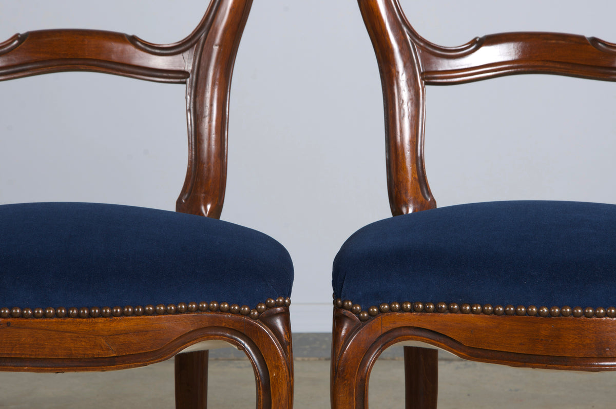 French Louis XV Style Ballon Back Maple Dining Chairs W/ Blue Velvet - Set of 6