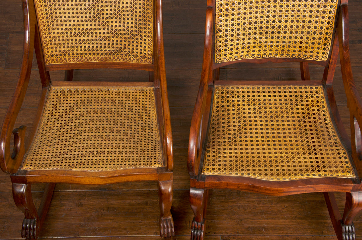 19th Century Regency Style Mahogany Cane Rocking Chair - A Pair