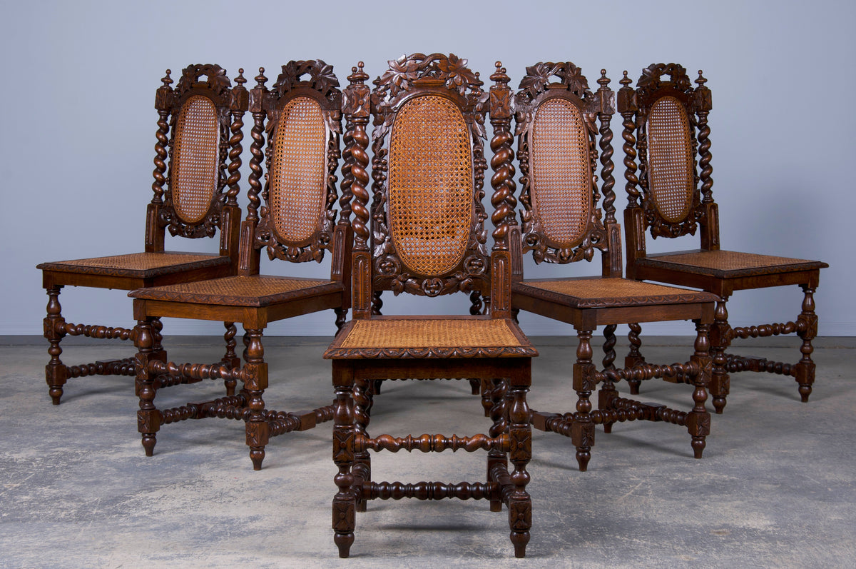 Antique French Renaissance Henry II Style Oak Cane Dining Chairs - Set of 6